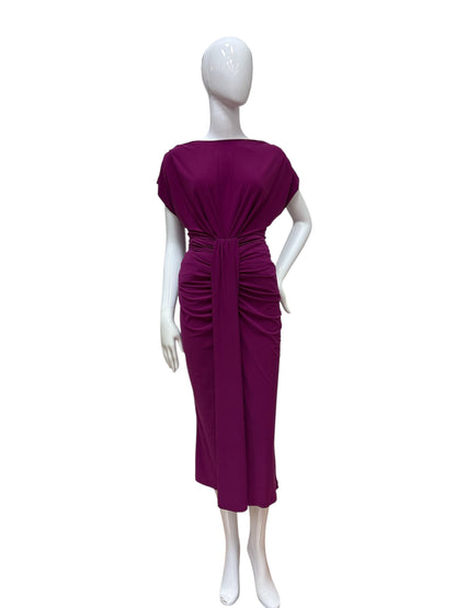 1037.8 Stretchy Ruched O-Neck S/L Dress Magenta/Cream