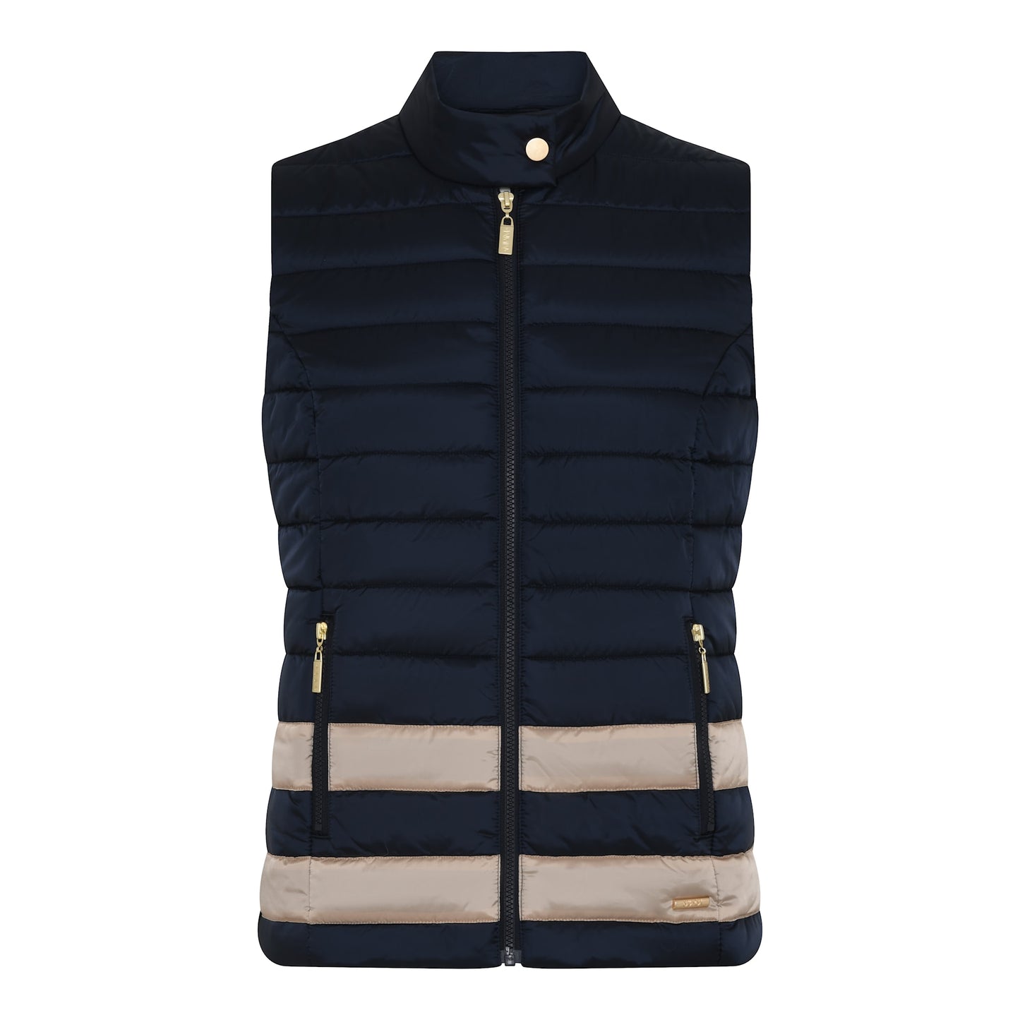 106 308 SHINY ZIP UP GILET WITH STRIPE BOTTOM NAVY/CAMEL