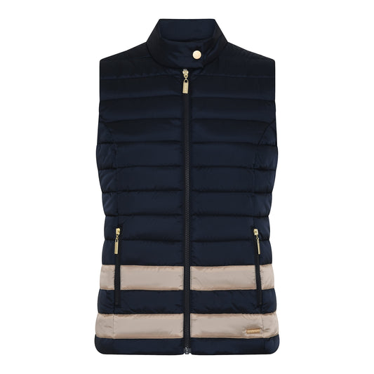 106 308 SHINY ZIP UP GILET WITH STRIPE BOTTOM NAVY/CAMEL