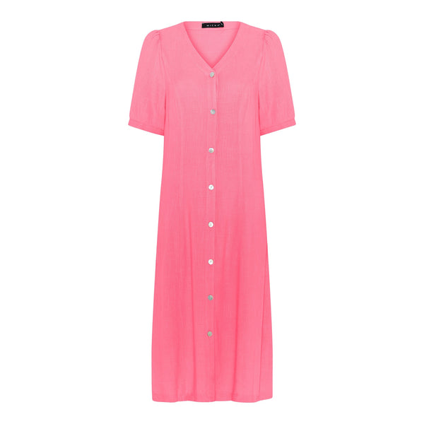 114 904 Puff 1/2 Slve Button Up Linen Dr Pink