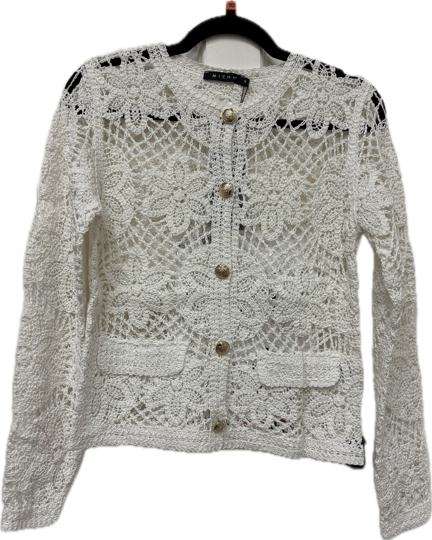 144 201 Fancy Crochet Cardi Gold Buttons Offwhi/Latte