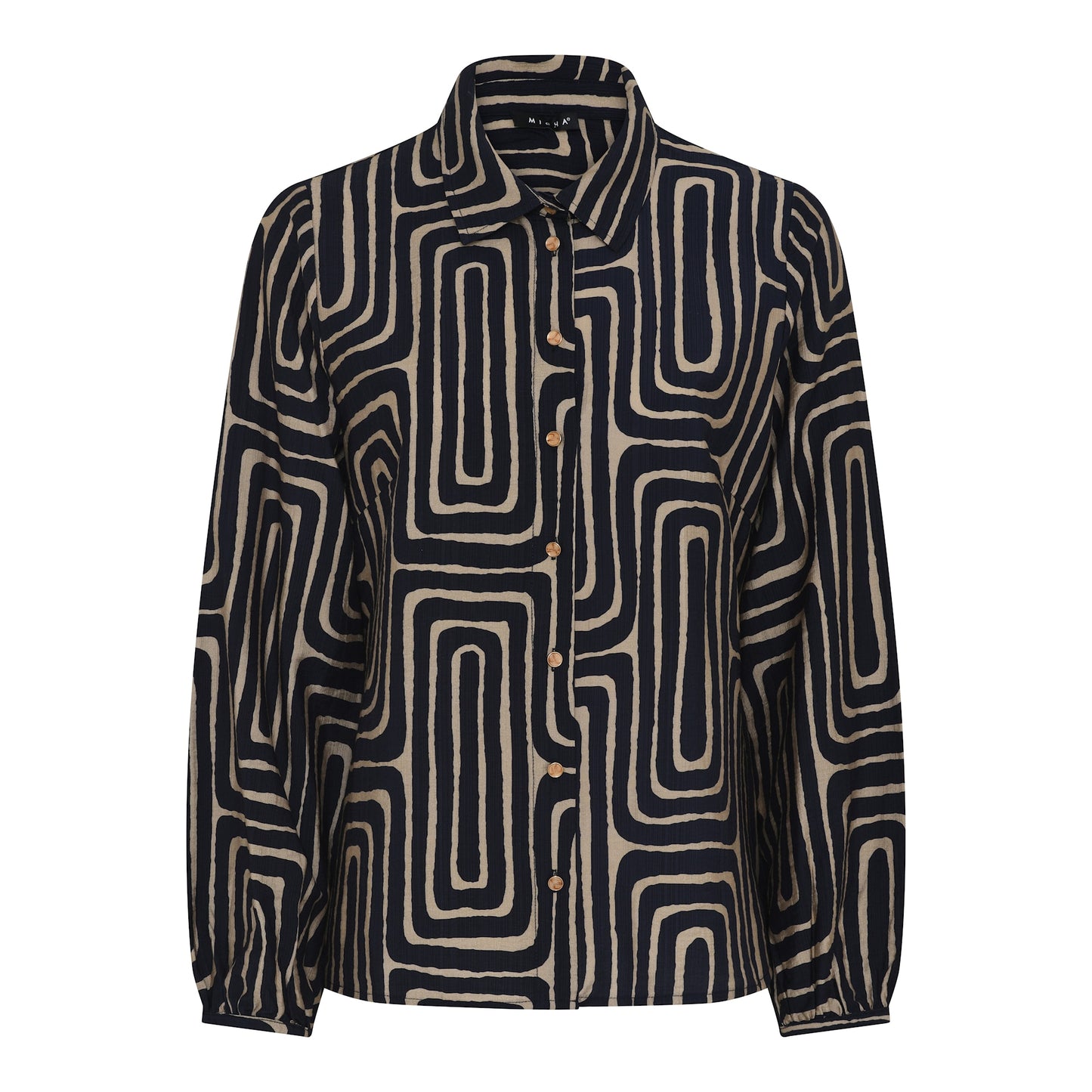 145 217 BUTTON UP L/S PRINTED BLOUSE Navy/Beige