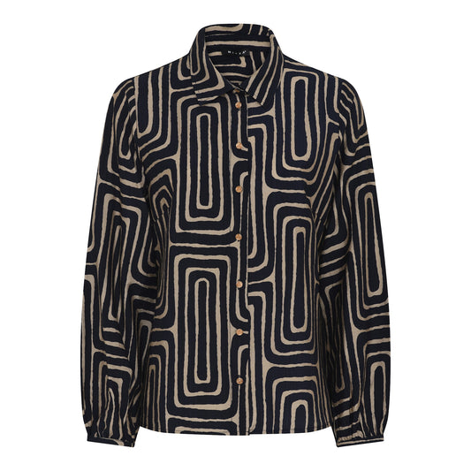 145 217 BUTTON UP L/S PRINTED BLOUSE Navy/Beige