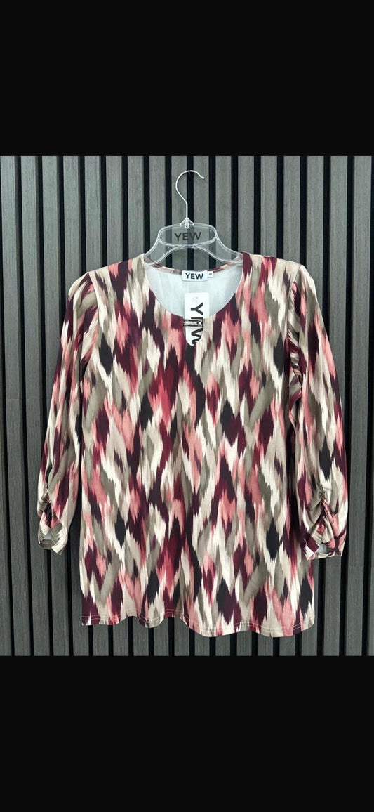 1757B LONG GATHER SLEEVE TOP O NECK CLASP DETAIL WINE/KHAKI