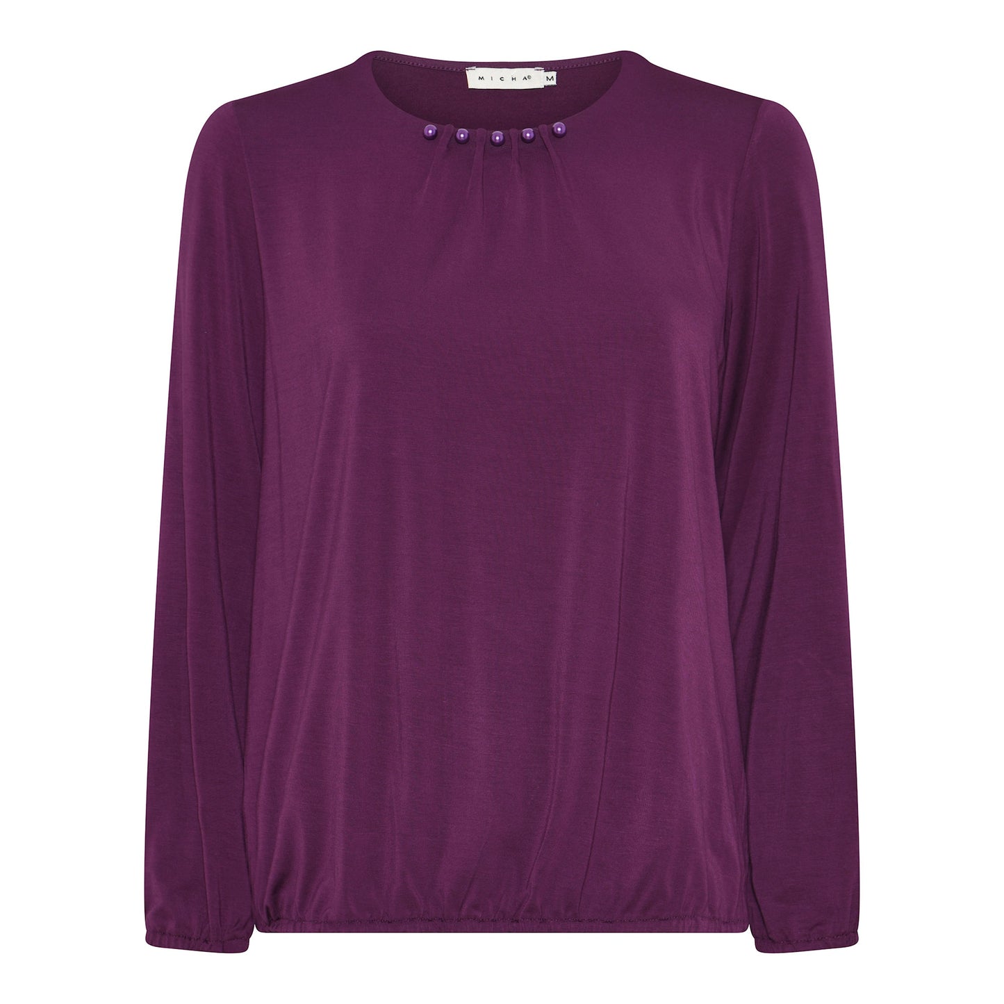 179 133 Pearl Neck Elastic Bottom Top Plum