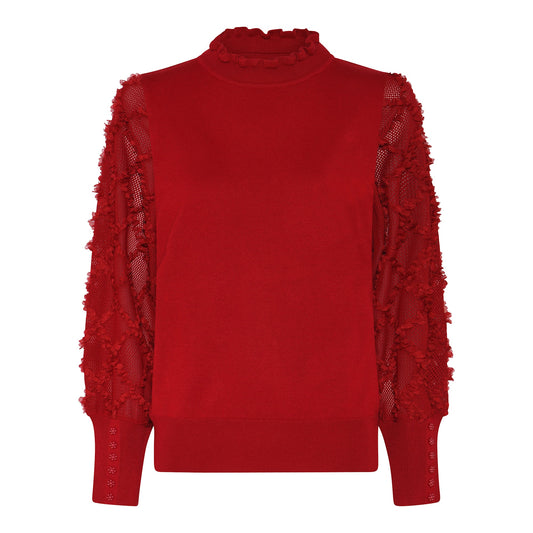 179 138 Lace Petal Slve High Neck Jumper Red