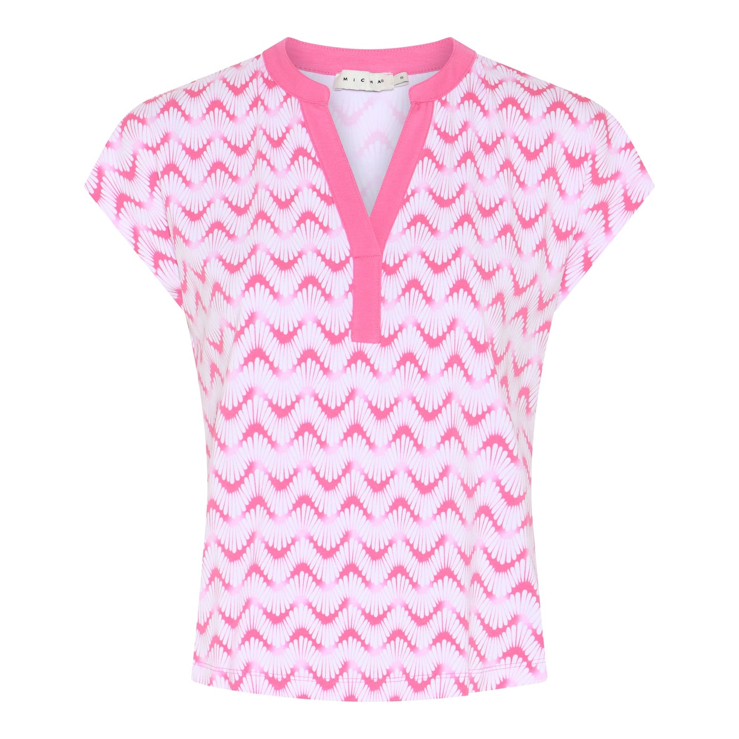 181 187 Cap Slve Printed Slit V-neck Top Pink