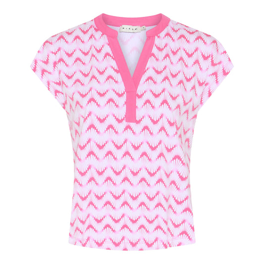 181 187 Cap Slve Printed Slit V-neck Top Pink