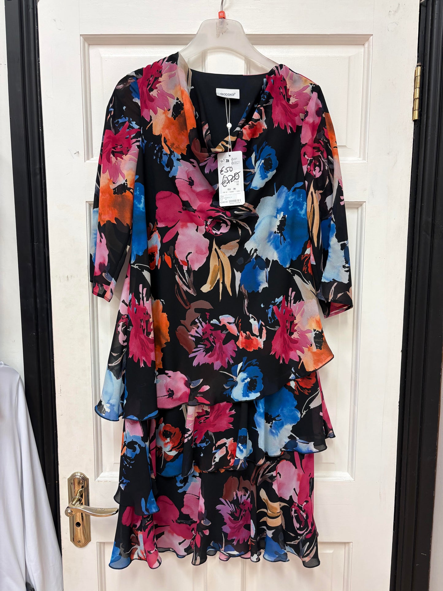 18695 18695 Layered 1/2 Slve Chiffon Dress Purple Black/Pink