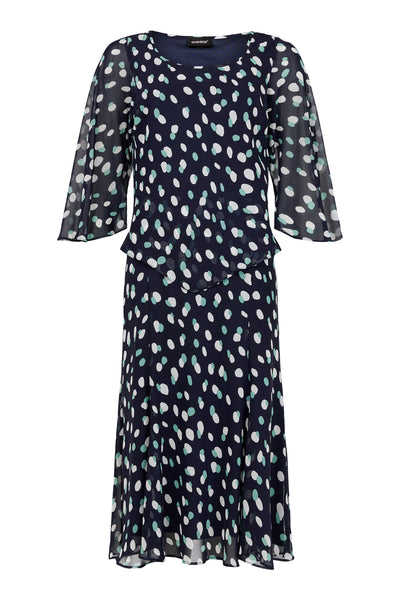 18747 Cowl Neck Print 3/4 Svle Dress Navy/Green