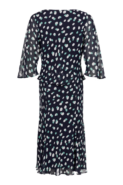 18747 Cowl Neck Print 3/4 Svle Dress Navy/Green