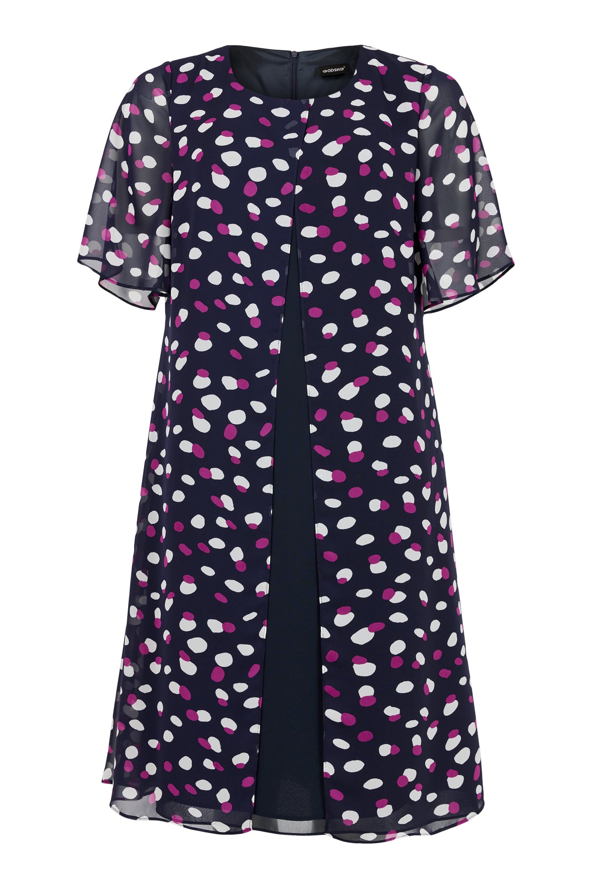 18752 Split Front Chiffon Print Dress Navy/Pink