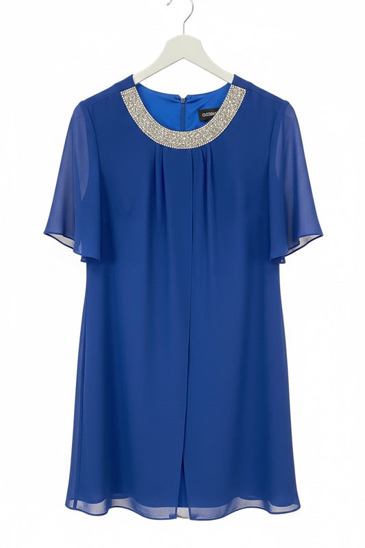 18756 BLING O-NECK S/S SPLIT FRONT CHIFFON DRESS Cobalt-Blue