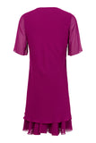 18758 Layered 3/4 Slve V-Neck Dress Magenta