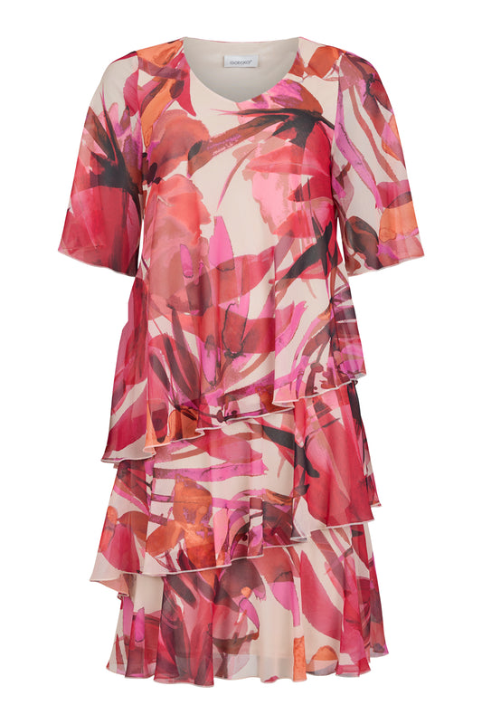18807 Layered S/S Floral Print Floaty Dr Pink