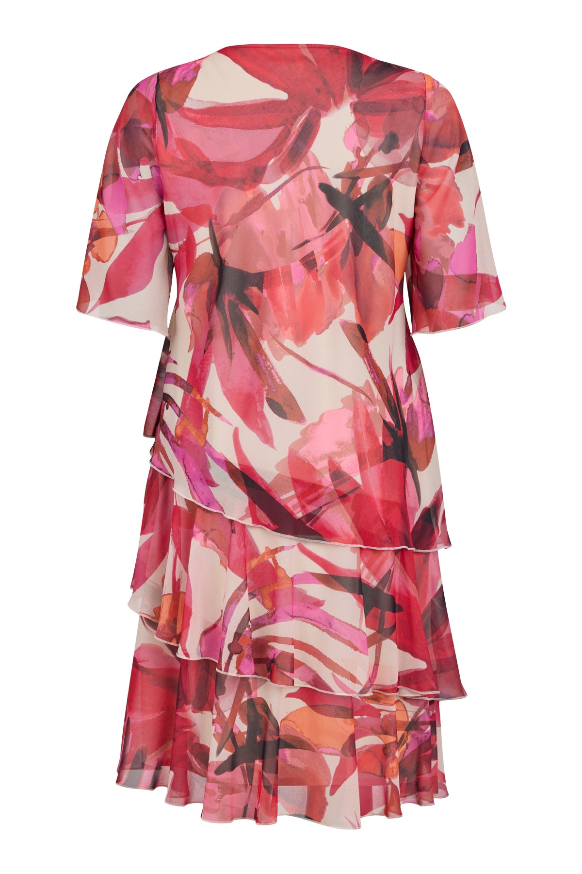 18807 Layered S/S Floral Print Floaty Dr Pink