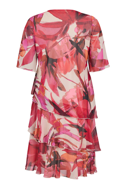 18807 Layered S/S Floral Print Floaty Dr Pink