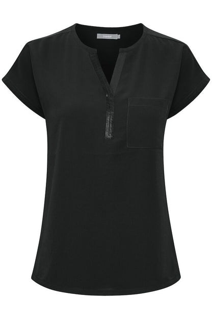 20603737 CAP SLVE CHIFFON FRONT SLIT O-NECK TOP Black