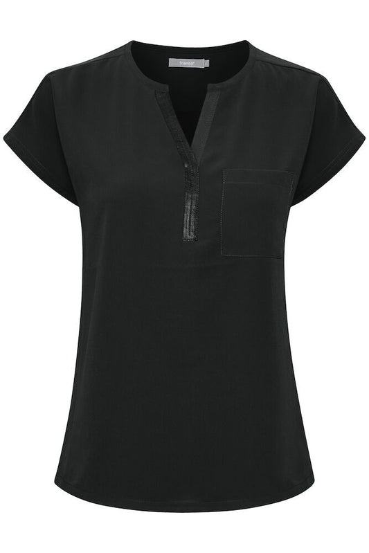 20603737 CAP SLVE CHIFFON FRONT SLIT O-NECK TOP Black