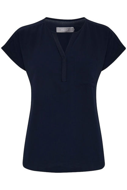 20603737 CAP SLVE CHIFFON FRONT SLIT O-NECK TOP Navy