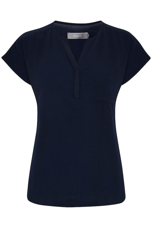 20603737 CAP SLVE CHIFFON FRONT SLIT O-NECK TOP Navy