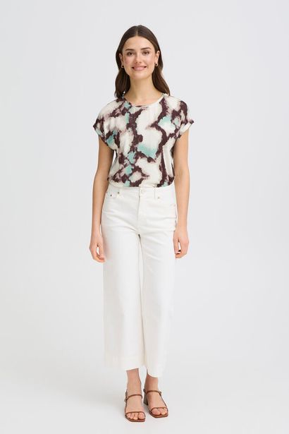 20610634Ss26 Cap Slve O-Neck Print Top Brown/Green