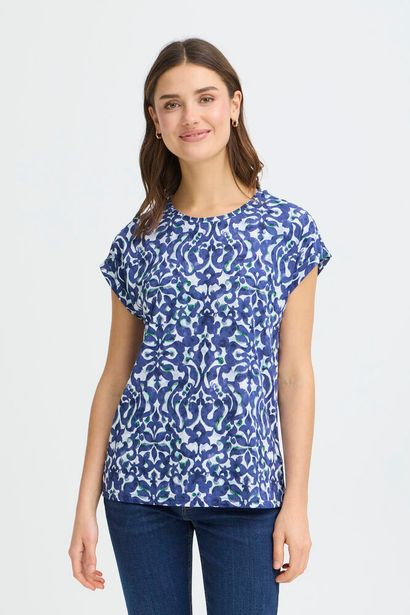 20610634Ss26 Cap Slve O-Neck Print Top Blue