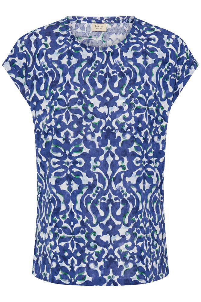 20610634Ss26 Cap Slve O-Neck Print Top Navy/White
