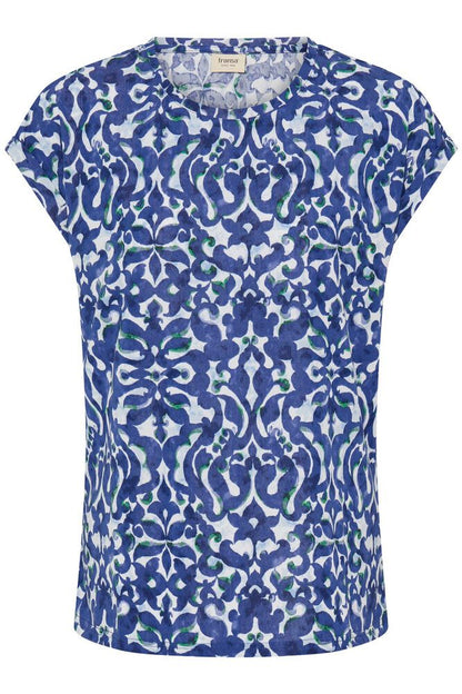 20610634Ss26 Cap Slve O-Neck Print Top Navy/White