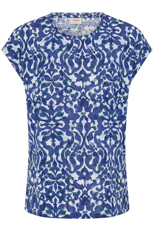 20610634Ss26 Cap Slve O-Neck Print Top Navy/White