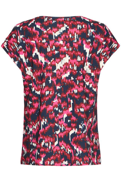 20610634Ss26 Cap Slve O-Neck Print Top Navy/Magenta