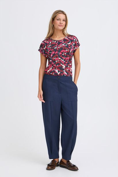 20610634Ss26 Cap Slve O-Neck Print Top Navy/Magenta