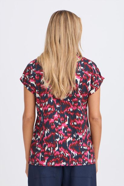 20610634Ss26 Cap Slve O-Neck Print Top Navy/Magenta