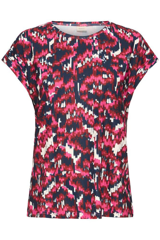 20610634Ss26 Cap Slve O-Neck Print Top Navy/Magenta