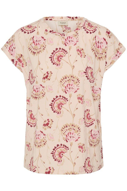 20610634Ss26 Cap Slve O-Neck Print Top Pink