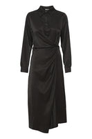 20612821 Satin Collar Rouched Dress Black