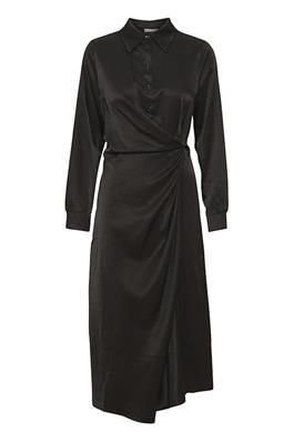 20612821 Satin Collar Rouched Dress Black