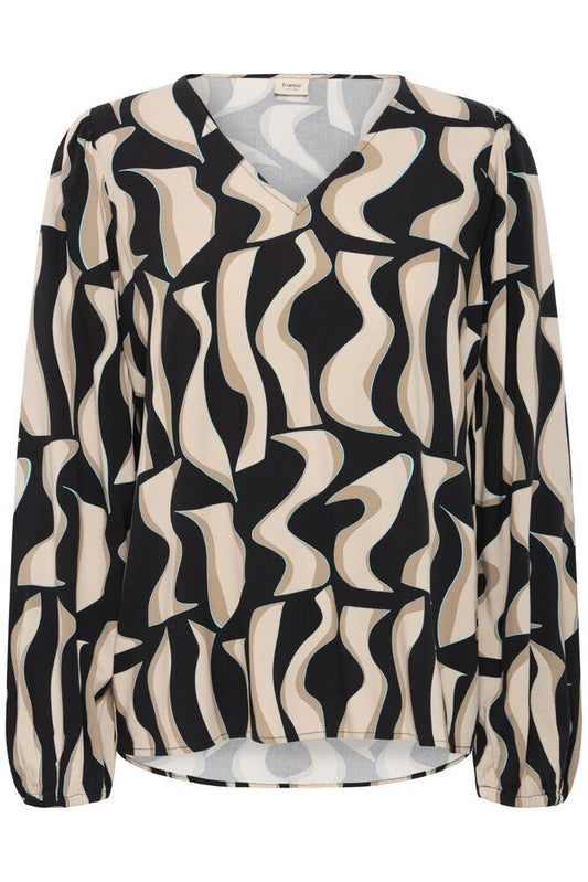 20616016 V Neck L/Sl Blouse Print Brown/Turquoise