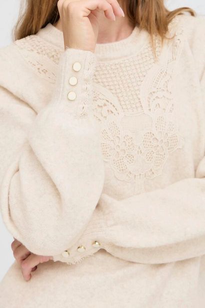 20617083 Lace Detail Button Cuff Jumper Beige