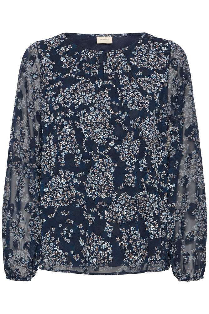 20617204 O-Neck chiffon top sheer sleeves Navy
