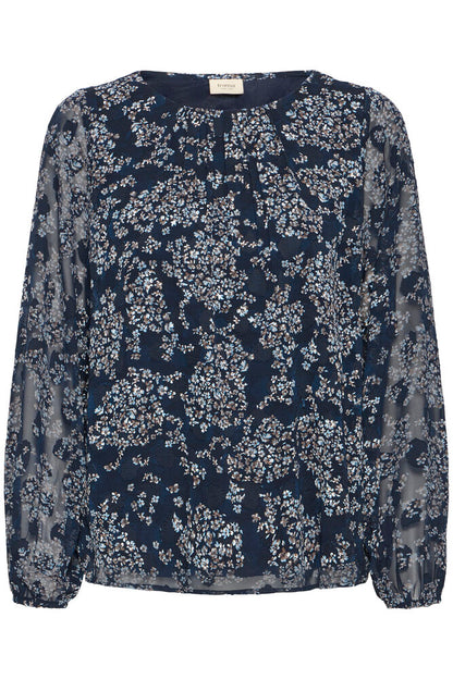 20617204 O-Neck chiffon top sheer sleeves Navy