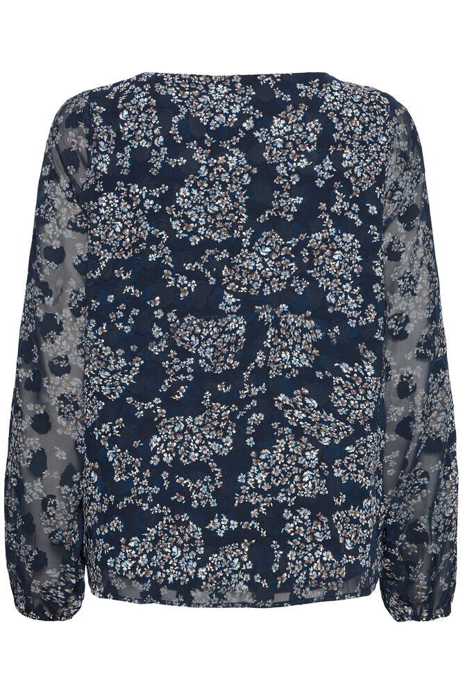 20617204 O-Neck chiffon top sheer sleeves Navy