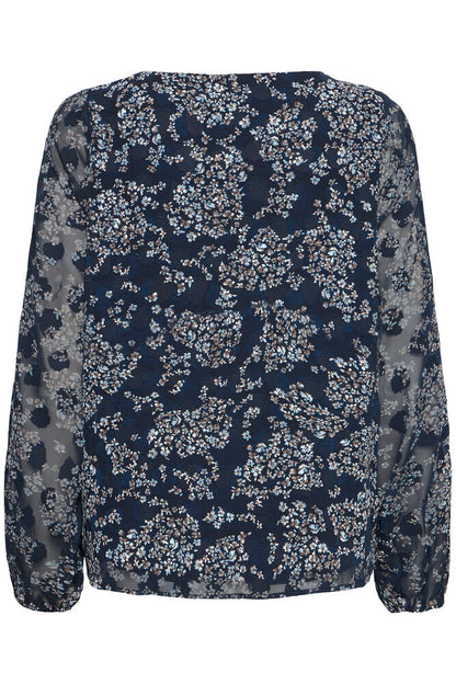 20617204 O-Neck chiffon top sheer sleeves Navy