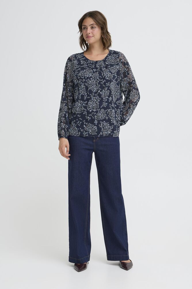 20617204 O-Neck chiffon top sheer sleeves Navy
