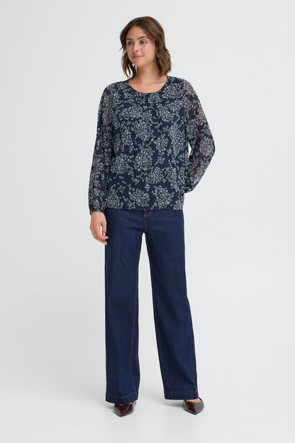20617204 O-Neck chiffon top sheer sleeves Navy
