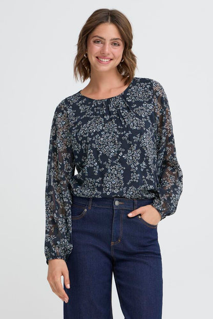 20617204 O-Neck chiffon top sheer sleeves Navy