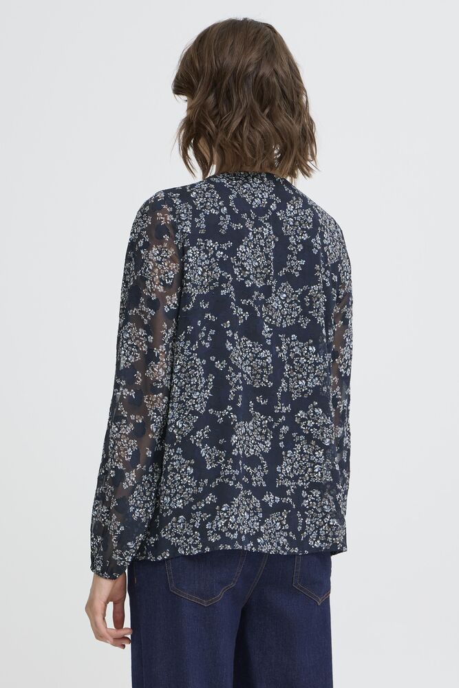 20617204 O-Neck chiffon top sheer sleeves Navy