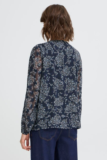 20617204 O-Neck chiffon top sheer sleeves Navy