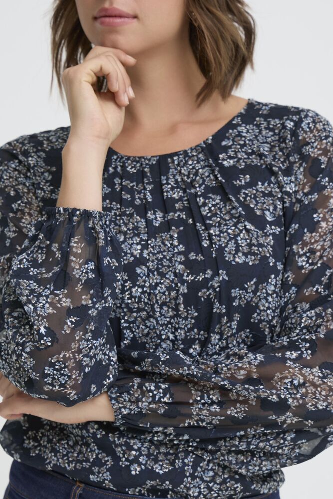 20617204 O-Neck chiffon top sheer sleeves Navy