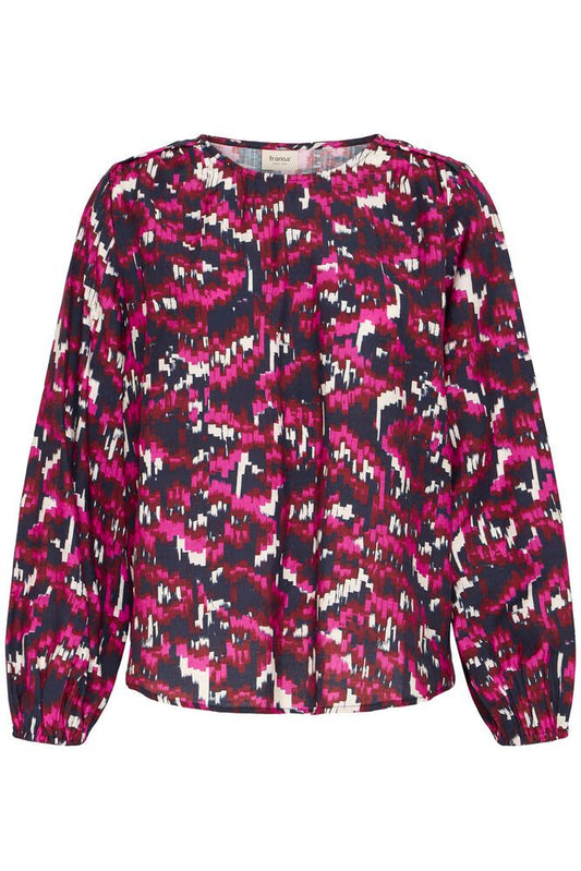 20617394 Print L/S Blouse Style Top Fushia/Navy